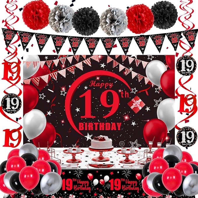 19th Birthday Decorations for Boys Men Girls, Happy 19th Birthday Banner Backdrop Red and Black, 19 Birthday Decorations Balloons Triangle Flag Tablecloth, 19 Year Old Boy Bday Party Supplies Decor