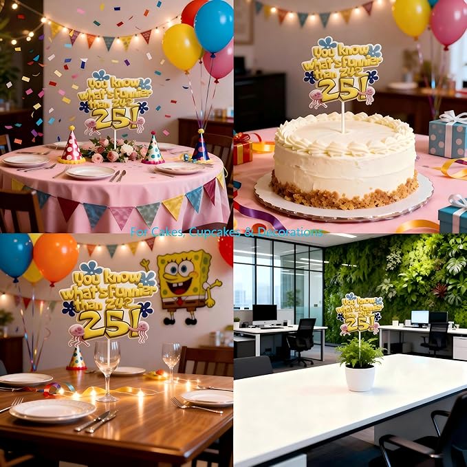 "What's Funnier Than 24? 25!" Cake Topper for 25th Birthday, Cartoon Character Themed Cake Decorations, Novelty 25th Bday Party Supplies for Men Women, Under The Sea Theme