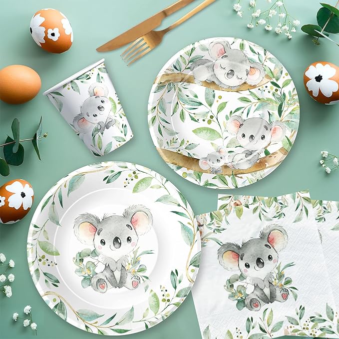 APOWBLS Koala Birthday Party Supplies - Safari Jungle Animal Australian Koala Theme Baby Shower Birthday Decorations Tableware, Paper Plates, Napkins, Tablecloth, Forks | Serves 24
