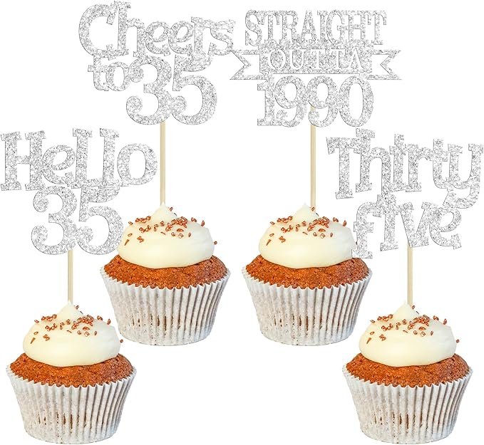 Ephlyn 24Pcs Happy 35th Birthday Cupcake Toppers Silver Thirty Five Cupcake Picks Hello 35 Cheers to 35 Years Birthday Cake Decorations for 35th Birthday Anniversary Party Decor Supplies