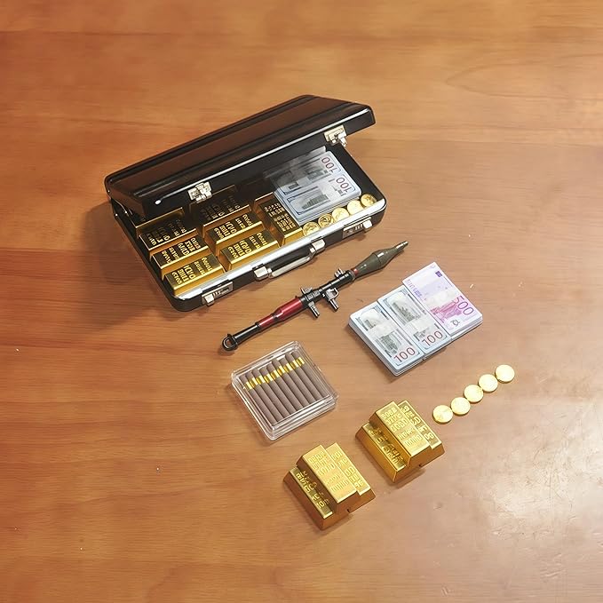 1:6 Scale Miniature Black Briefcase Set with Fake Gold Bars, Mini Dollar Bill Bundles, Vintage Coins & Toy Weapons | Collectible Dollhouse Accessory, Photography Prop & Novelty Gift for Adults