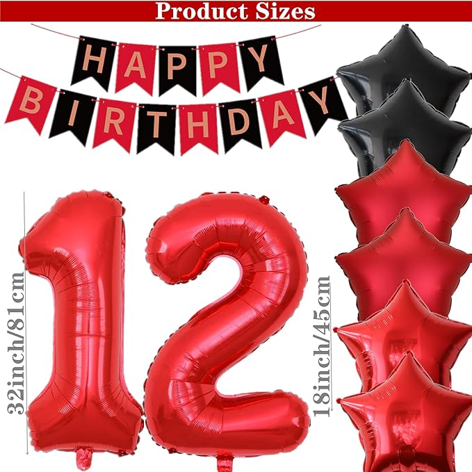 12th Birthday Decorations for Boys Red Black 12th Happy Birthday Banner Party Supplies Number 12 Balloons Fringe Curtain 12 Years Old Bday Party Supplies Kit for Him Her Girls (Red)