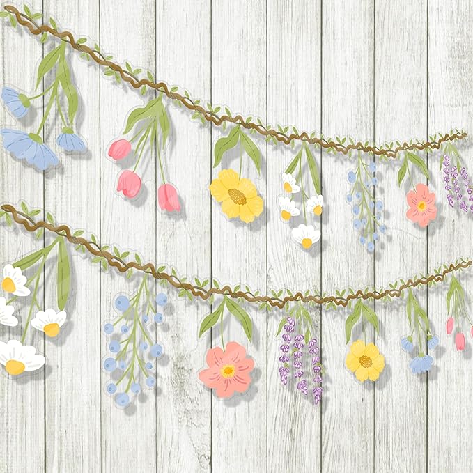 Flower Party Banner Wildflower Garland Spring Floral Party Decorations 2PCS Enchanted Garden Hanging Banner Decor for Flower Theme Wedding Wild One Birthday Baby Shower Valentine's Supplies