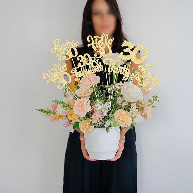 Gyufise 15Pcs 30th Birthday Centerpiece Sticks Thirty Happy 30th Table Flower Centerpieces Sticks Cheers to 30 Floral Decorations for 30th Birthday Party Centerpieces Supplies Gold