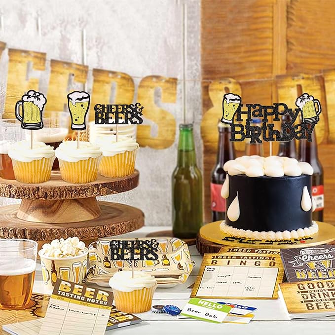 Ercadio 25 PCS Beer Party Cupcake Toppers Cheers and Beers Happy Birthday Decor for Beer Kegs Cake Topper Favor for Summer Family Party Decor Supplies