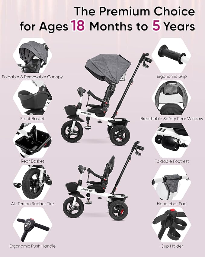 7-in-1 Tricycle for 18 Months to 5 Years, All-Terrain Rubber Tires, Dual Wheel Brakes, Rotatable Seat for Toddlers 1.5-3, Tricycle for 3-5 Years with DIY Stickers, White