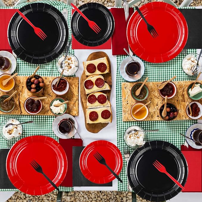 96 Pcs Red and Black Party Supplies Stranger Black and Red Paper Plates and Napkins Disposable Graduation Tableware Set for Congrats Grad Holiday Red Black Wedding Birthday Party Decorations Serves 24