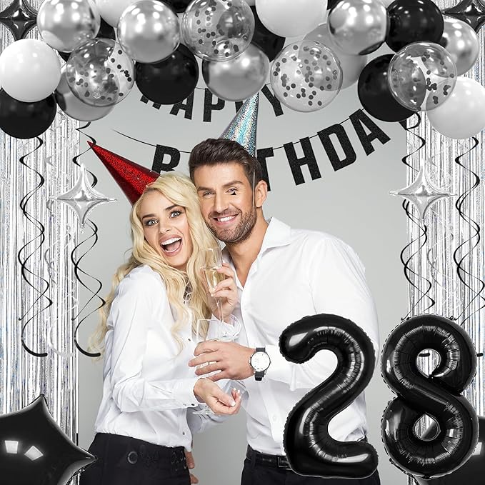 28th Birthday Decorations for Men Women- Black Silver Happy 28th Birthday Party Decor With Banner Backdrop,Number 28 Foil Balloon -Black White Balloons Garland Arch Kit for 28 Years Old