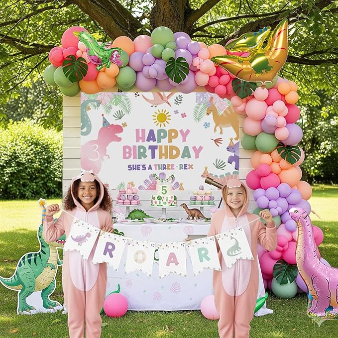 Three Rex 3rd Birthday Decorations with Pastel Pink Green Dinosaur Balloon Garland Dino Foil Balloons ROAR Banner Backdrop Footprint Stickers Palm Leaves for Girls 3 Year Old Dinosaur Party Supplies