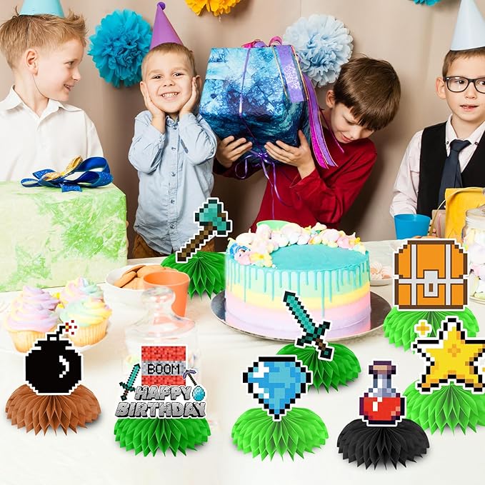 Pixel Birthday Party Decorations, Double Sided Honeycomb Centerpieces for Table Decorations, Cartoon Birthday Party Supplies