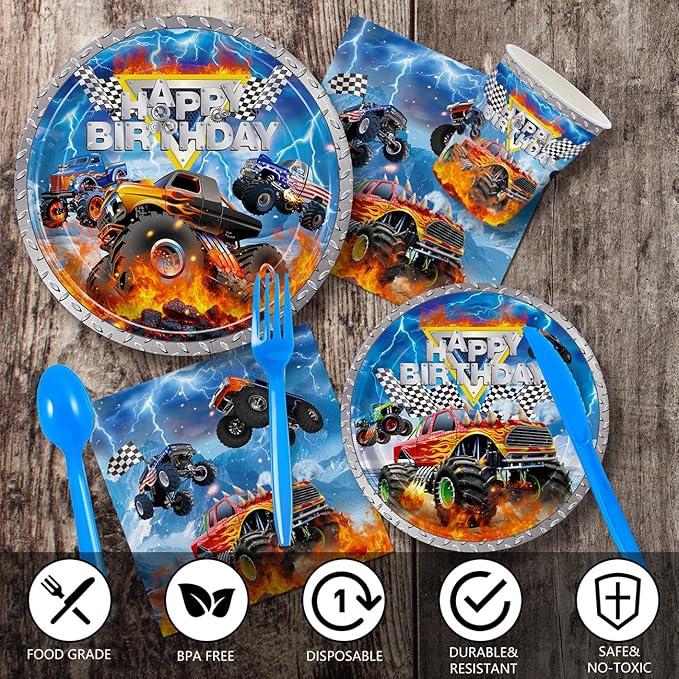 168pcs Monster Truck Party Decorations Plates Napkins Disposable Paper Cups Monster Car Tableware Set Birthday Party Supplies for Kids Boys 1st 2nd 3rd Birthday Decor Serves 24 Guests