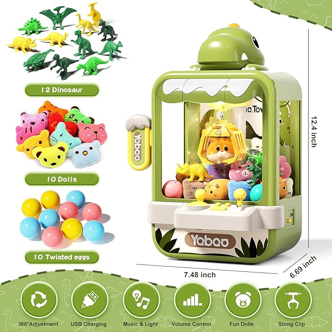 Dinosaur Claw Machine for Kids,Electronic Arcade Game Machine with Music,Mini Vending Machine Boys Birthday Toys Gifts Age 3+ Years,Includes 10 Plush Toys & 12 Dinosaur Accessories