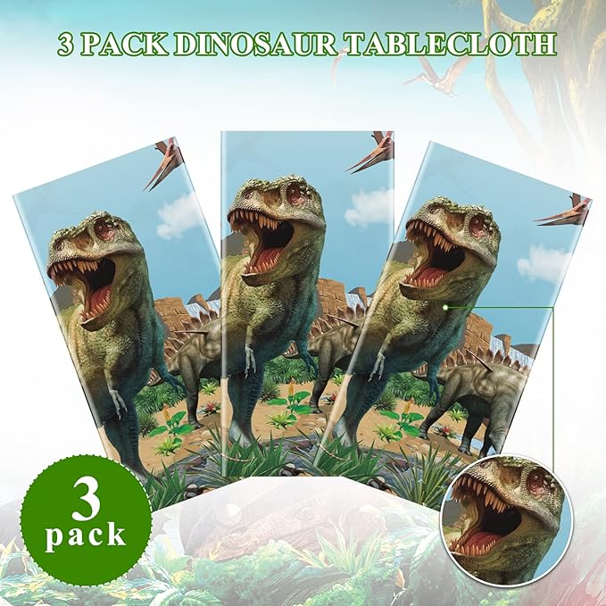 Tiamon 3 Pcs Dinosaur Tablecloth Dinosaur Party Table Covers Plastic Tablecloth for Kids Adults Birthday Party Picnic Supplies 54 x 108 Inch (Blue)