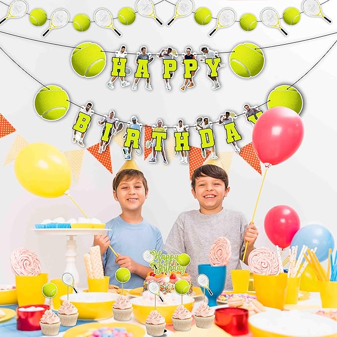 Tennis Theme Birthday Party Supplies - Decoration Set for Sports Celebration, Tennis Party Décor Kit with Banner, Cake Topper, Cupcake Toppers and Table Decorations for Home and Event Setup