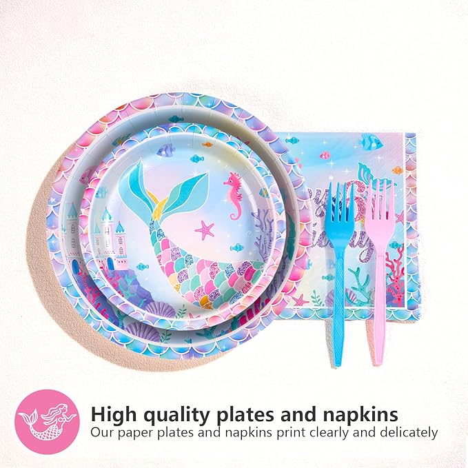 96Pcs Mermaid 6th Birthday Party Decorations for Girls Little Mermaid Plates and Napkins Tableware Sets Under the Sea Theme Decorations for Baby Shower 6 Years old Party Supplies Serves 24
