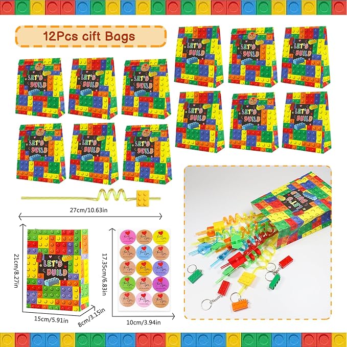 Bluegogo 104Pcs Building Block Birthday Party Favors for Kids Include Mini Notebook Pens Straws Keychains Erasers Wristbands Stickers Bags for Building Blocks Birthday Party Supplies