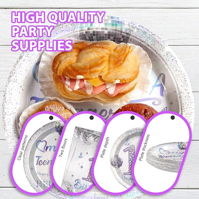 Grencian 96Pcs 13th Birthday Decorations for Girls Silver Disco Iridescent 13th Birthday Plates and Napkins Disposable Paper Tableware for Girls 13 Year Old Party Supplies, Serves 24
