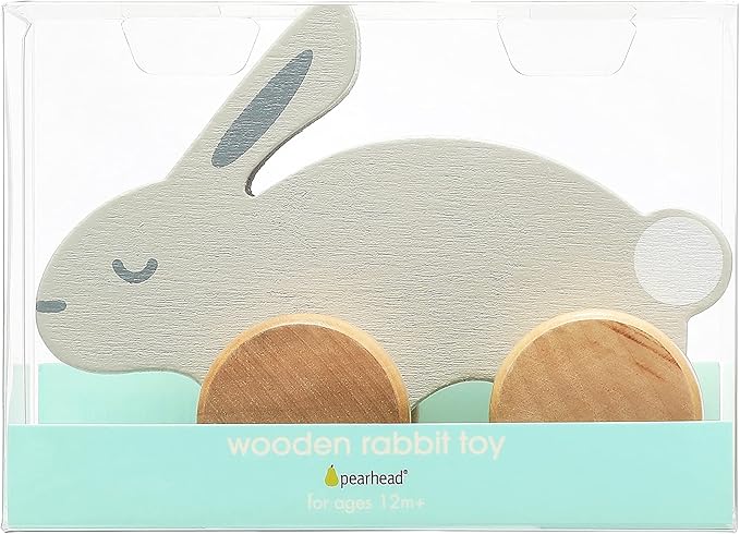 Pearhead Montessori Wooden Bunny Push-Pull Toy for Toddlers – Baby Easter Basket, Easter Bunny Gift for Toddlers, Gray Rolling Rabbit Encourages Motor Skills & Imaginative Play, 12M+
