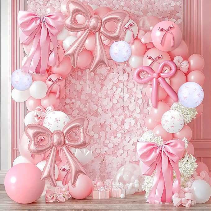 88Pcs Pink Bow Confetti Balloons, Huge Pink Bow Aluminum Foil Balloons Helium Latex Balloon for Birthday Baby Shower Wedding Engagement Bridal Bachelorette Princess Coquette Party Decorations Supplies