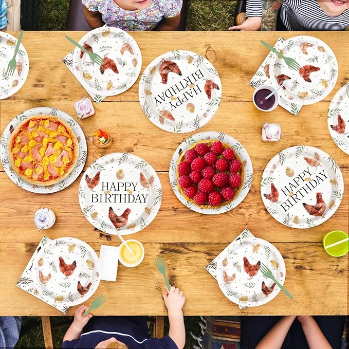 96Pcs Chicken Birthday Party Decorations Barnyard Farm Animal Paper Plates Disposable Watercolor Hen Chick Supplies Tableware for Birthday Baby Shower Chicken Themed Party Decorations Serves 24
