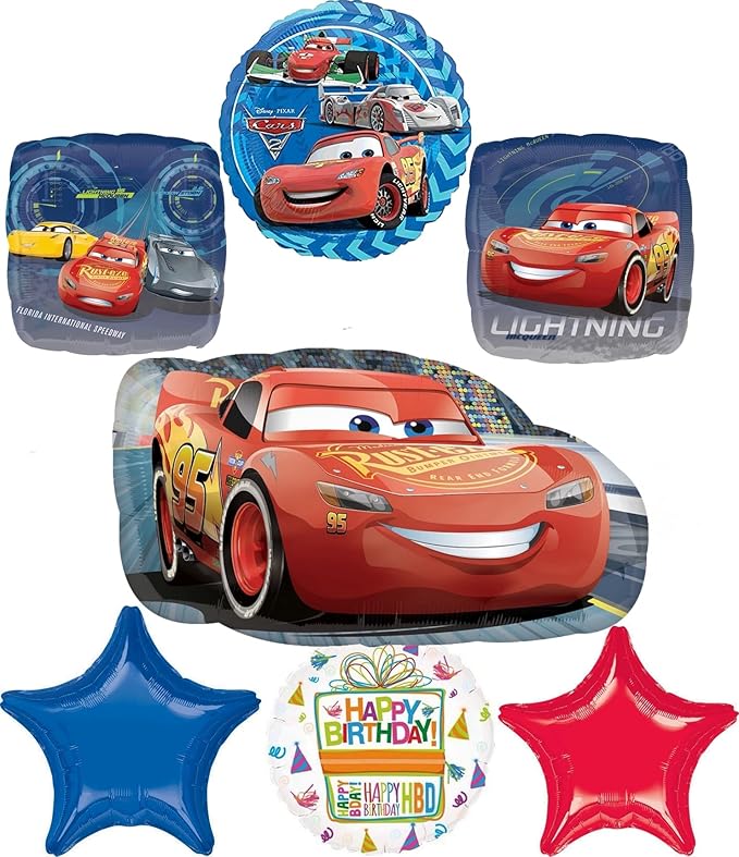 Anagram Cars Birthday Party Supplies 7pc Lightning McQueen Foil Balloon Bouquet Decorations