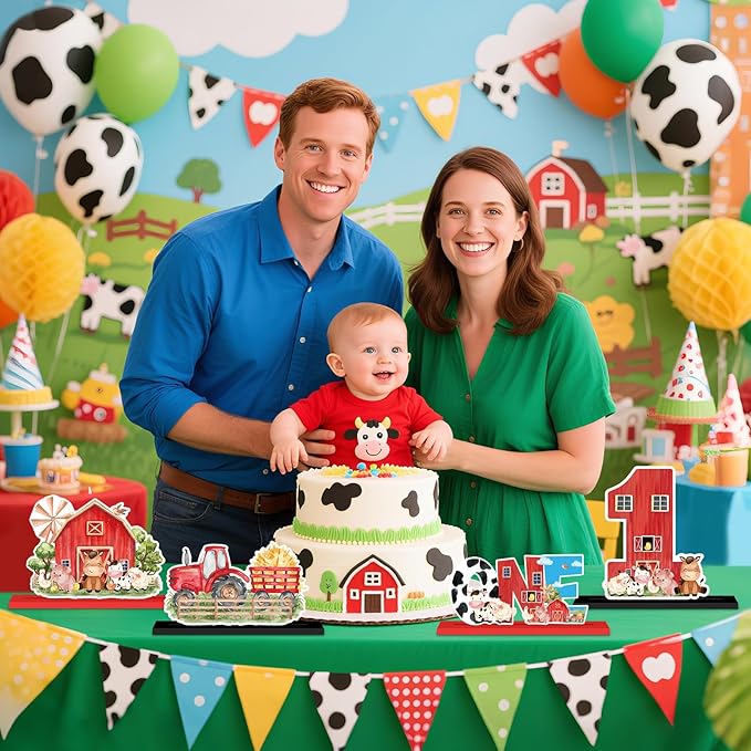 4Pcs Farm Animal One Wooden Table Centerpieces Farm Barnyard Happy 1st Birthday Table Sign Party Supplies for 1 Year Old Baby Shower Boys Girls Birthday Party Supplies Decor Photo Props Kids