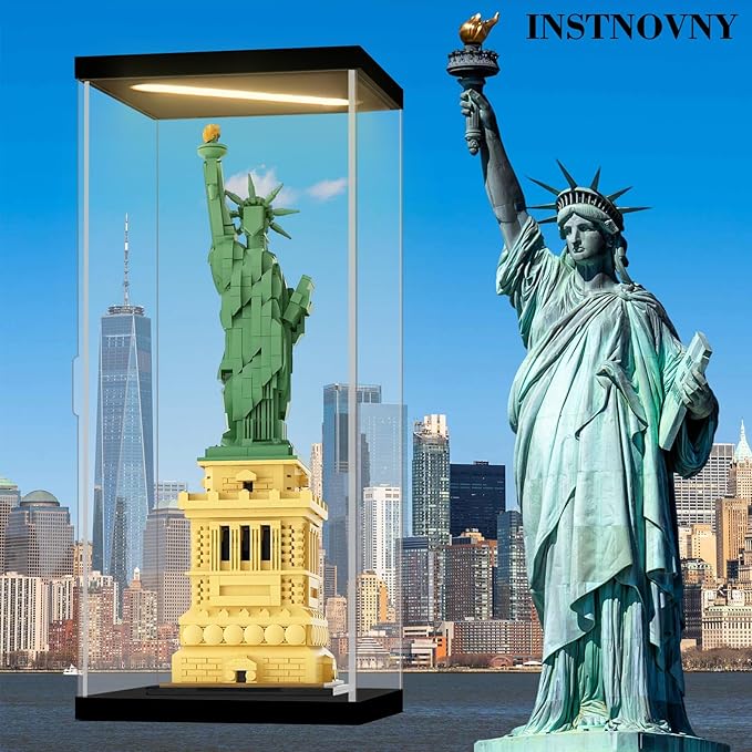 Acrylic Display Case for Collectibles Clear Dustproof Acrylic Boxes for Display Trophy Figure Toys Lighted Lego 21042 Display Case Storage Box(Black-Solid Yellow; 7.9*7.9*18.9 inch)