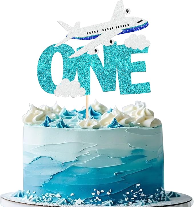 1 Pack One Airplane Cake Topper Glitter Airplane Cake Pick First Birthday Cake Decorations for Oh How Time Flies First Birthday Baby Shower Boys Girls Kids Party Supplies Blue White