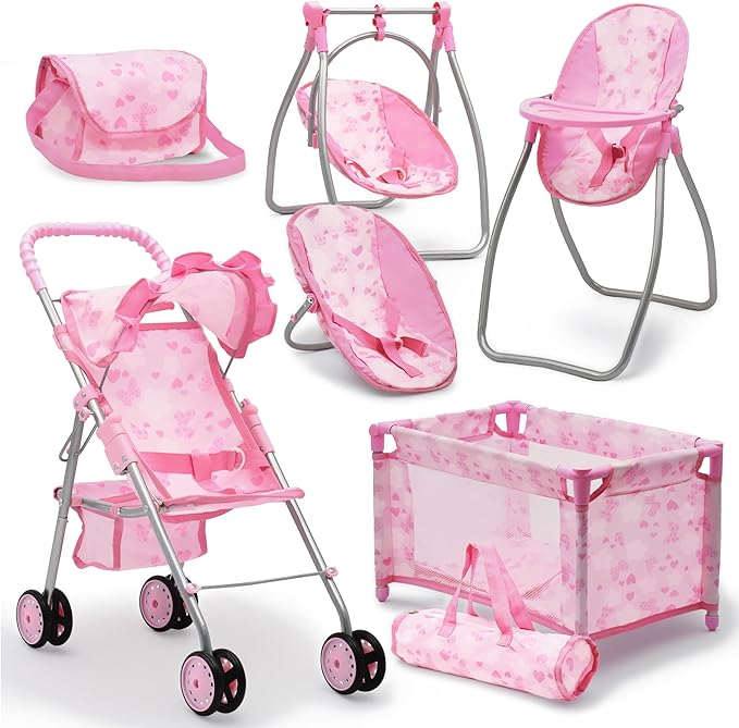 Baby Doll Stroller Bed and Swing Nursery Playset, Baby Doll Accessories Furniture Set Convertible High Chair Diaper Bag Role Play Deluxe Baby Doll Set