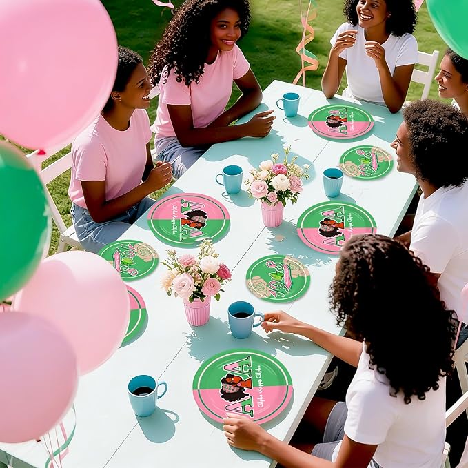 Grencian 96Pcs AKA Party Supplies AKA Plates and Napkins Disposable Hip Hop Style 1908 Pink Green Paper Tableware Set for Women Girls Sorority Birthday Party Decorations, Serves 24