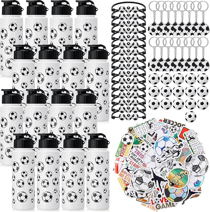 LemonRoad 164 Pcs Sports Party Favors Set 16 Plastic Cups 16 Charm Bracelets 16 Keychains 16 Mini Foam Stress Balls 100 Stickers for Sports Party Supplies(Soccer)