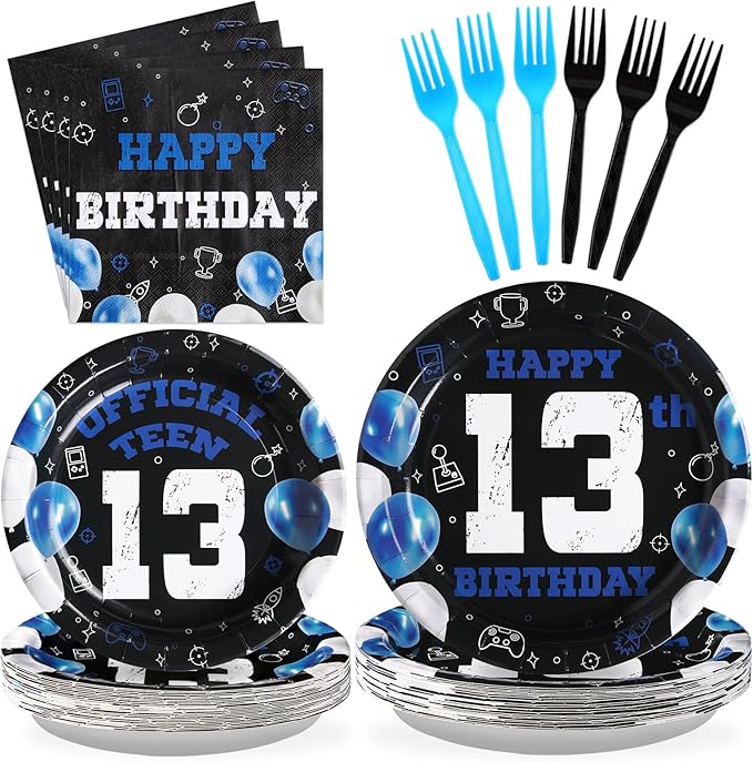Grencian 96Pcs 13th Birthday Decorations for Boys Blue Black 13th Birthday Party Plates Disposable Official Teen 13 Tableware for Teen Boys Girls Happy 13 Year Old Party, Serves 24
