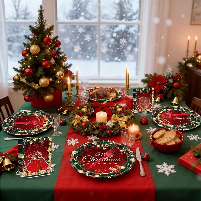 100 Pcs Merry Christmas Party Supplies - Serves 25, Red Green Holiday Disposable Tableware, Includes Paper Plates, Napkins, and Plastic Forks for Xmas Dinner, Winter Celebrations, Seasonal Decorations