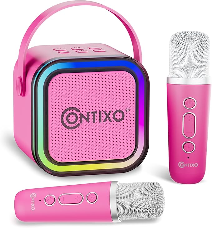 Contixo KS1 Mini Karaoke Machine for Kids, Portable Bluetooth Speaker with 2 Wireless Microphones & Dynamic Lights for Boys & Girls, Home Party Entertainment Toy (Pink)