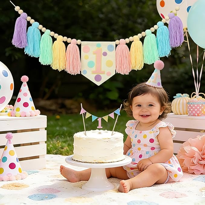 Macaron Pastel Dot 1st High Chair Banner Conical Cap Colourful Macaron Cake Topper for Boys Girls Birthday Party Decorations
