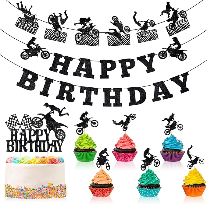 Zonon 20 Pieces Dirt Bike Birthday Decoration Dirt Bike Party Supplies Banner Cake Cupcake Topper for Motocross Themed Birthday Party Man or Boy Riding Room Wall Decoration (Classic Style)