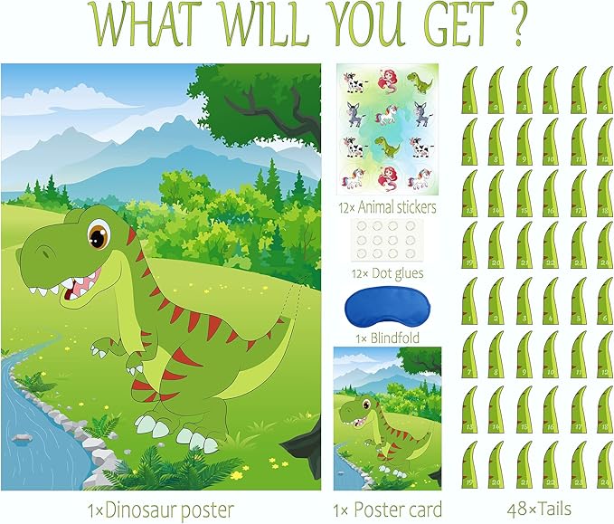Morcheiong Pin The Tail on The Dinosaur Game with 48pcs Tails for Dinosaur Party Favors, Kids Birthday Supplies, Boys Decorations