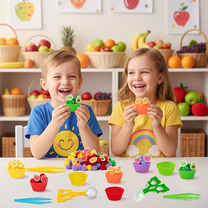 EZdhuawuse Summer Sensory Bin Fillers - 268P Summer Fruit Fine Motor Toys Counting Sorting for Kids, Color Sorting Set with Felt Banana Pom Poms Cup Clip for Preschool Education Birthday Party Favors