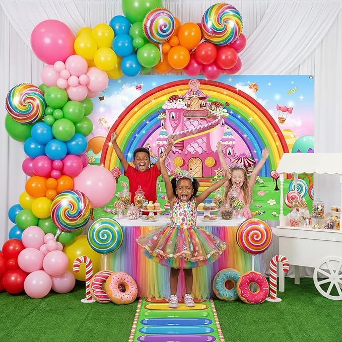 Mocsicka Candyland Party Banner Decorations 2 Pack - Candyland Castle Birthday Backdrop for Girls Birthday Lollipop Sweet Donut Theme Party Supplies (2 Pack, 70.8x43.3 inch)