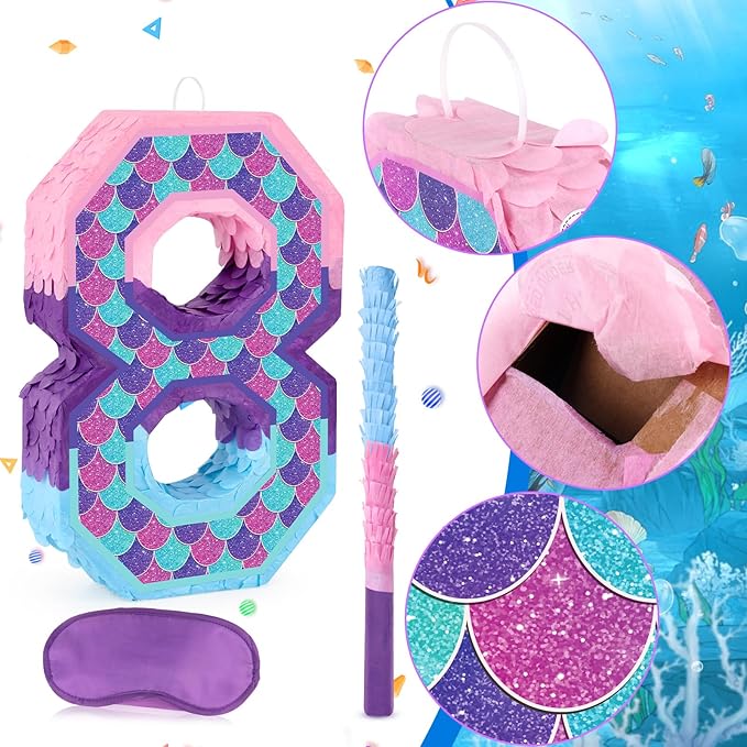 Mermaid Number 8 Pinata with Purple Pinata Stick Blindfold 8th Birthday Party Decorations for Kids Girl Happy Birthday Mermaid Ocean Theme Party Supplies (Small, 15.4 x 11 x 3 In)