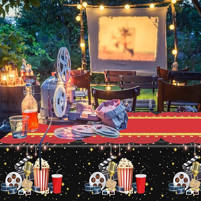 Buryeah 3 Pieces Movie Night Tablecloth Plastic Table Covers Movie Theater Table Cloth for Party Supplies Red Carpet Birthday Party Decor, 54 x 108 Inch