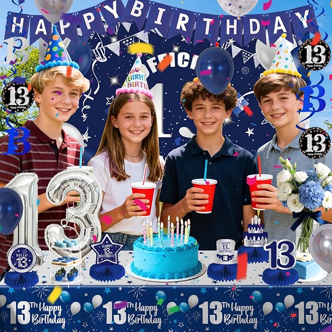 13th Birthday Decorations for Boys Girls, Blue Silver 13 Year Old Boy Bday Decor, Number 13 Balloon Happy 13th Birthday Banner Backdrop Honeycomb Centerpieces for Official Teenager Party Supplies