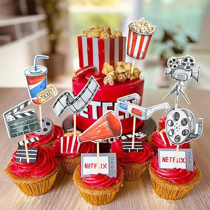 40 PCS Double Sided Movie Night Roll Glasses Camera Popcorn Cupcake Picks Projector Hollywood Cake Decorations for Kids Birthday Party Decro Supplies