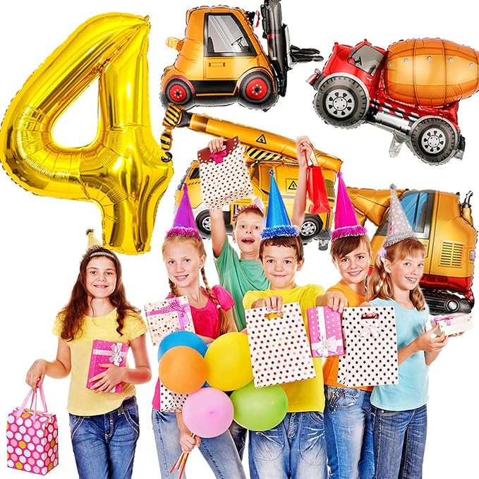 Construction Birthday Party Supplies 4 Year Old, Large Construction Balloons 40Inch Gold Number 4 Balloon Construction Truck Foil Balloons for Boys 4th Construction Birthday Party Decorations