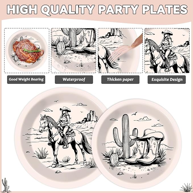 gisgfim 96Pcs Western Party Plates and Napkin Happy Cowgirl Party Supplies Wild West Tableware Dinnerware Set Western Themed Paper Dinner Dessert Plate Decoration Favors for 24 Guests