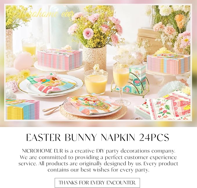 Easter Napkins 24PCS, Pink Green Bunny Floral Paper Napkins, 3-Ply Disposable Happy Easter Napkins for Spring Holiday Party Baby Shower Wedding Birthday Table Napkins Decorations