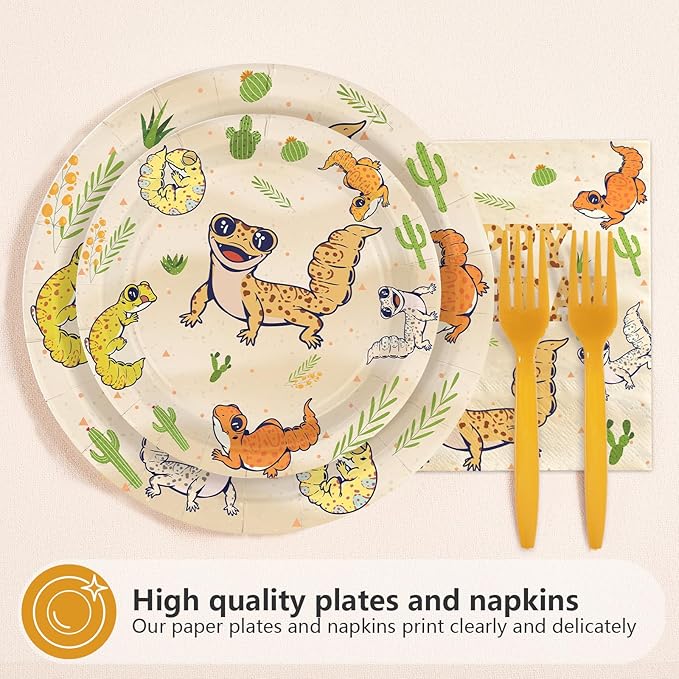 96Pcs Leopard Gecko Birthday Decorations Reptile Plates and Napkins Safari Animals Decorations Favors for Kids Boys Birthday Baby Shower Reptile Theme Party Supplies Serves 24