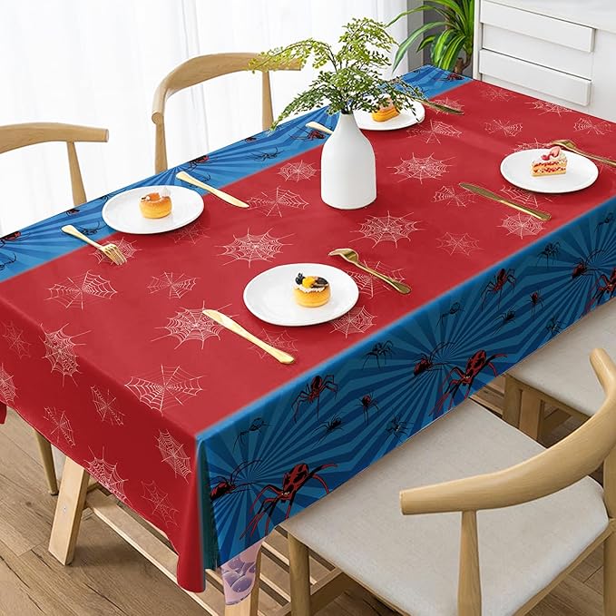Spider Tablecloth 54×108 Inch, Red and Blue Table Cover with Spider Web Design, Disposable Table Decoration for Boys Birthday Party and Superhero Theme Events, Kids Theme Party Supplies