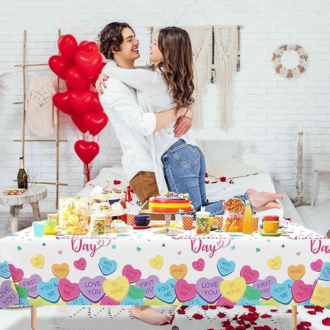 3Pcs Valentines Day Tablecloth, 54 x 108 Inch Conversation Hearts Plastic Table Cover, Colorful Love Heart Tablecloth for Wedding Anniversary, Valentines Day Decorations