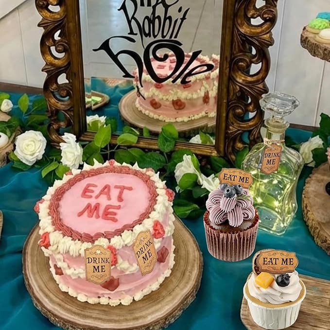 48 Pcs Wonderland Tea Party Decoration Wonderland Cup and Cake Tags Drink Me Eat Me Tea Party Favor Labels for Birthday Baby Shower Parties Supplies